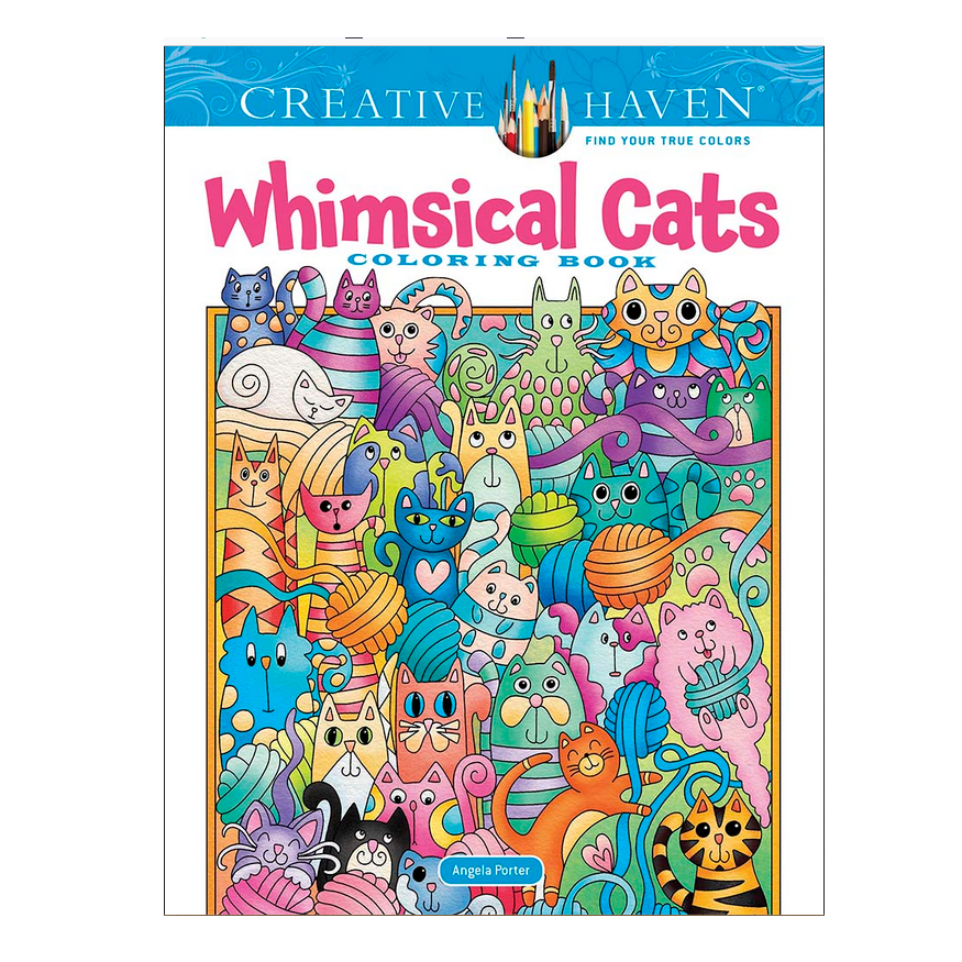 Whimsical Cats Coloring Book cover features colorful playful cat illustrations in a fun, decorative style by Angela Porter.