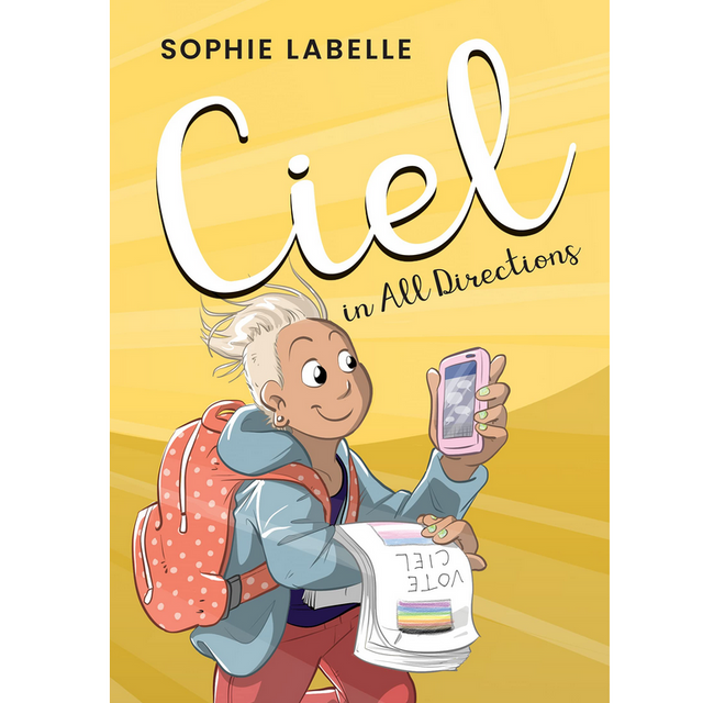 Cover of Ciel in All Directions showing a cheerful non-binary character holding papers and a smartphone against yellow rays.