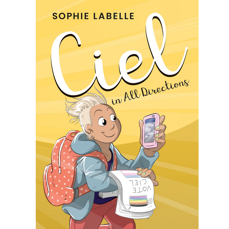 Cover of Ciel in All Directions showing a cheerful non-binary character holding papers and a smartphone against yellow rays.