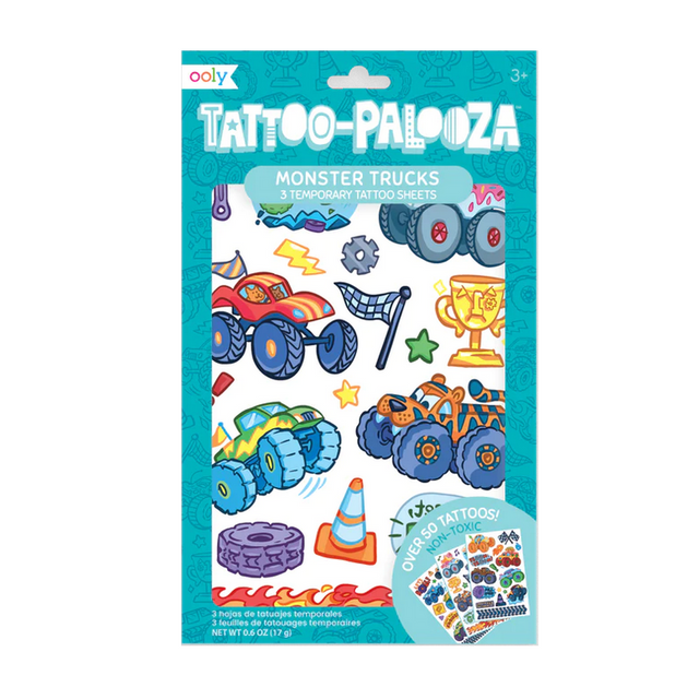 Monster Truck Tattoos temporary tattoo set with colorful monster trucks and auto parts, over 50 easy-to-apply non-toxic tattoos.