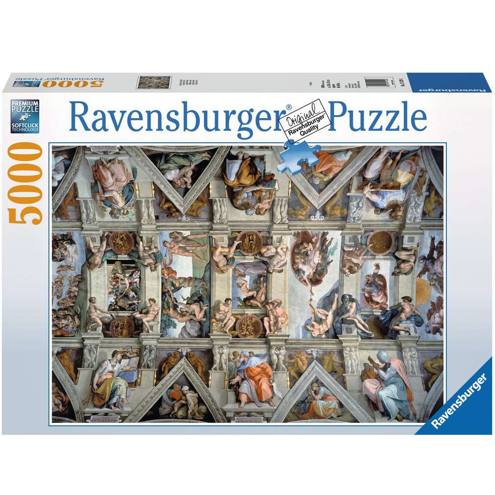5000pc Sistine Chapel Puzzle by Ravensburger featuring Michelangelo’s intricate ceiling artwork in a detailed 5000-piece puzzle.
