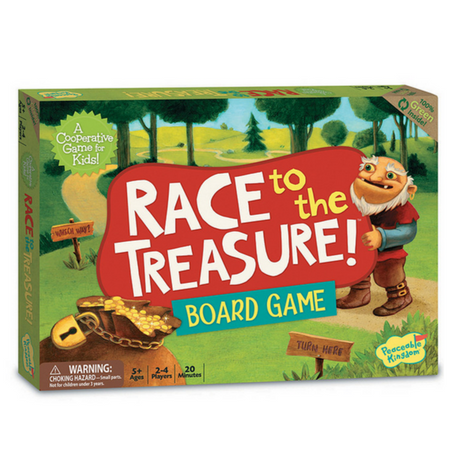 Race to the Treasure board game box showing ogre, treasure chest, and paths, a cooperative kids game for ages 5+.