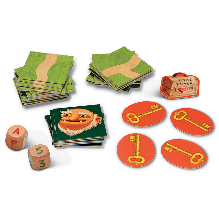 Race to the Treasure game pieces including path tiles, key tokens, dice, ogre snack, and ogre cards for cooperative play.