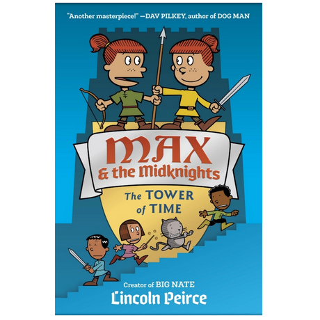 Book cover of Max & the Midknights: The Tower of Time featuring Max and her twin with a castle background.