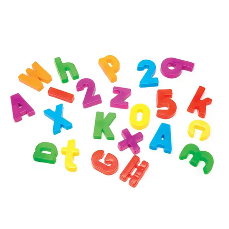 Magnetic Alphabet & Numbers colorful plastic magnetic letters and numbers scattered for early learning fun.