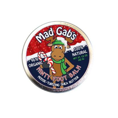 Moose Body Balm Peppermint in holiday tin with minty foot balm featuring 96% organic shea butter and natural ingredients.