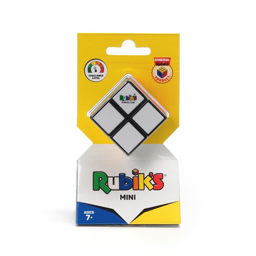 Rubiks 2x2 puzzle cube in packaging with white face visible, designed for ages 7 and up, smooth and fast turning.