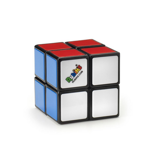 Rubiks 2x2 cube showing red, blue, and white sides with smooth twists and corner cutting for fast solving.