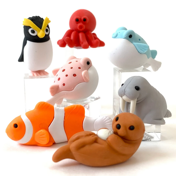 Japanese Eraser Sea Friend shows colorful assorted sea animal erasers that can be taken apart and reassembled.