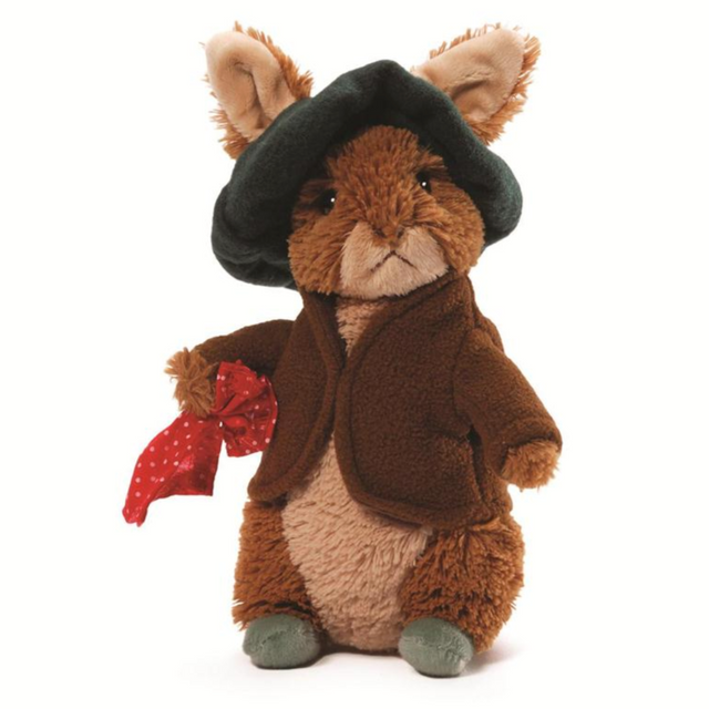 Benjamin Bunny plush with detailed clothing and soft fur, inspired by Beatrix Potter illustrations, standing 6.5 inches tall.