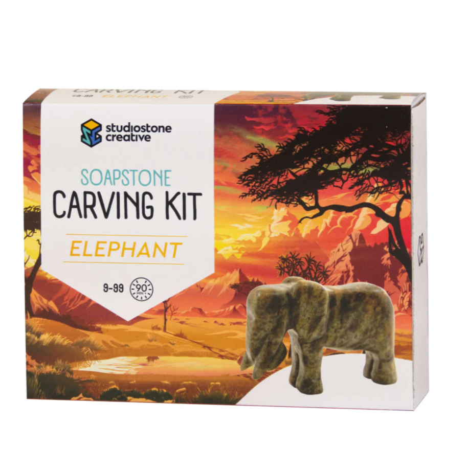 Soapstone Carving Kit | Elephant box with carved soapstone elephant and sunset savannah background display.
