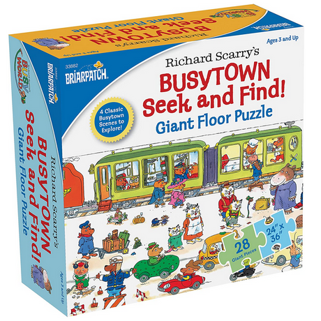 28pc Scarry Busytown Seek and Find Puzzle box showing colorful Busy World scenes with 28 large floor puzzle pieces.