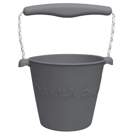 Scrunch Bucket Gray made of flexible recyclable silicone with rope handle, perfect for sensory play and on-the-go use.