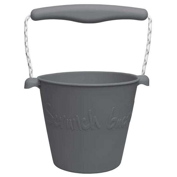 Scrunch Bucket Gray made of flexible recyclable silicone with rope handle, perfect for sensory play and on-the-go use.
