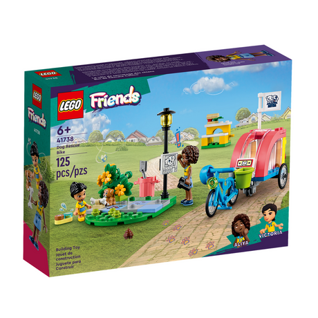 LEGO Friends Dog Rescue Bike building set with bike, trailer, park scene, and mini-figures Aliya and Victoria.