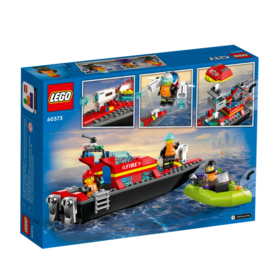 LEGO City Fire Rescue Boat playset with fireboat, speedboat dinghy, firefighter minifigures, and water elements for kids.