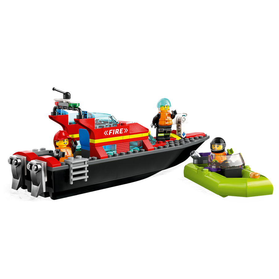 LEGO City Fire Rescue Boat with fireboat, speedboat dinghy, and three firefighter minifigures playing firefighting adventures.