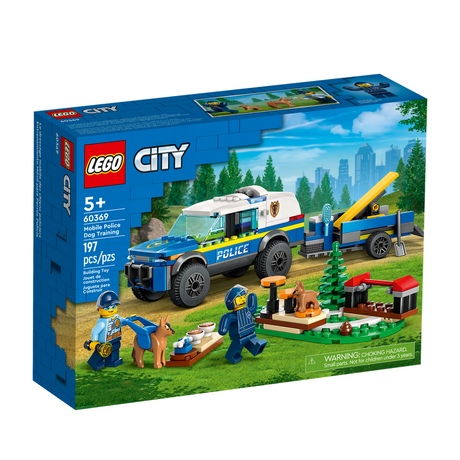 LEGO City Mobile Police Dog Training set with K9 SUV, trailer, officers, and dog training equipment for kids ages 5 and up.