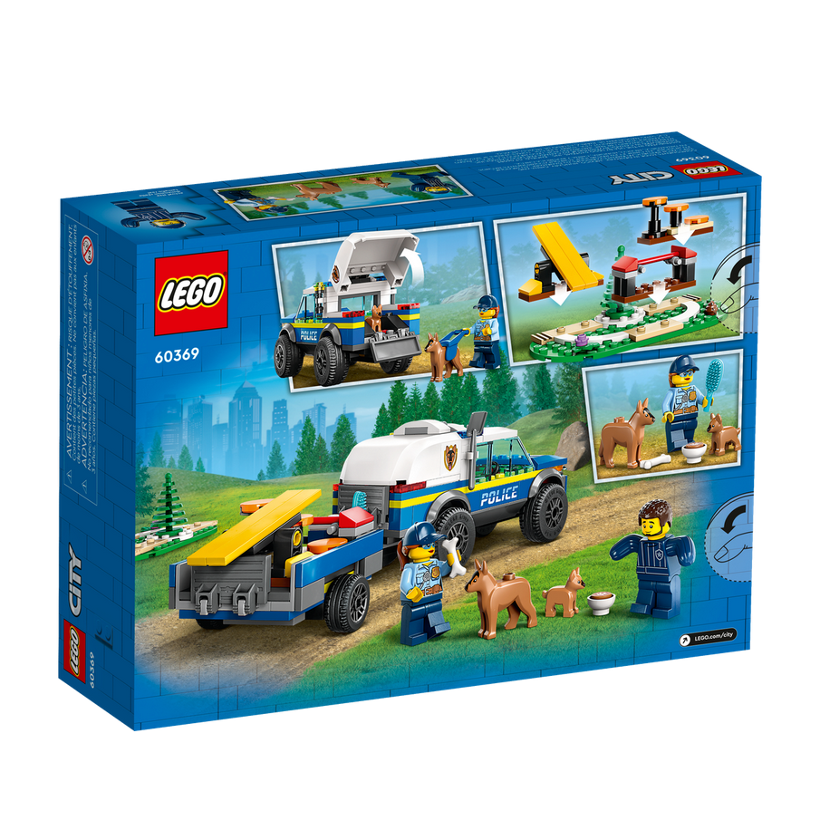 LEGO City Mobile Police Dog Training toy set with police SUV, trailer, dog-training apparatus, and figures for imaginative play.