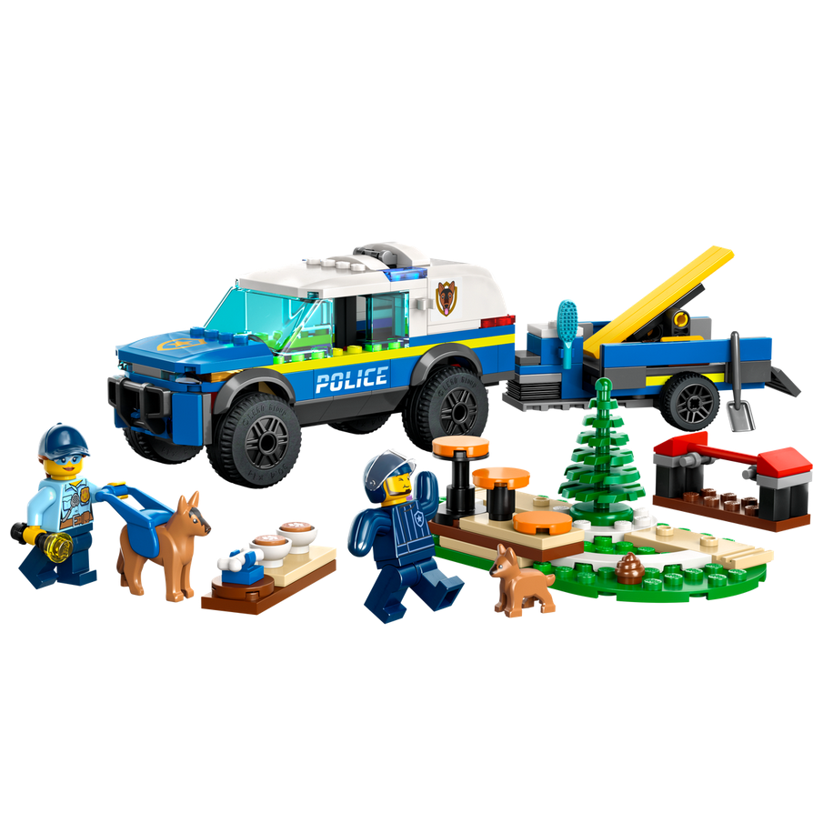 LEGO City Mobile Police Dog Training set with K9 SUV, trailer, police officers, dog figures, and training obstacles.