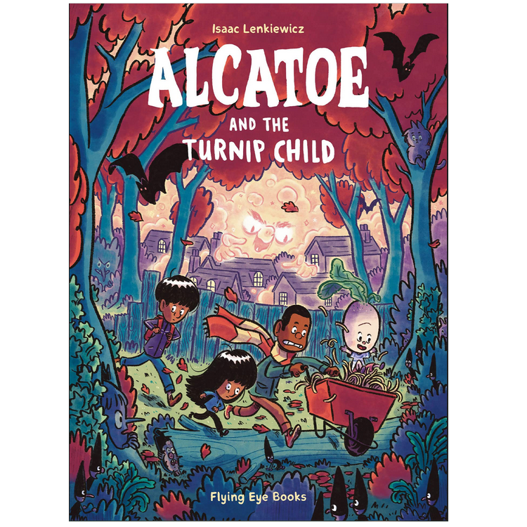 Cover of Alcatoe and the Turnip Child showing children and a walking turnip in a spooky autumn forest scene.