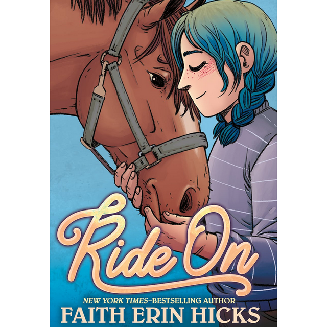 Cover of Ride On graphic novel showing a girl with blue hair gently touching a brown horse’s face.