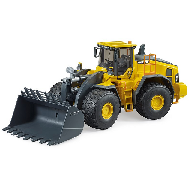 Volvo Wheel Loader L260H toy model with detailed cabin, functional loading arm, and tiltable shovel in bright yellow.