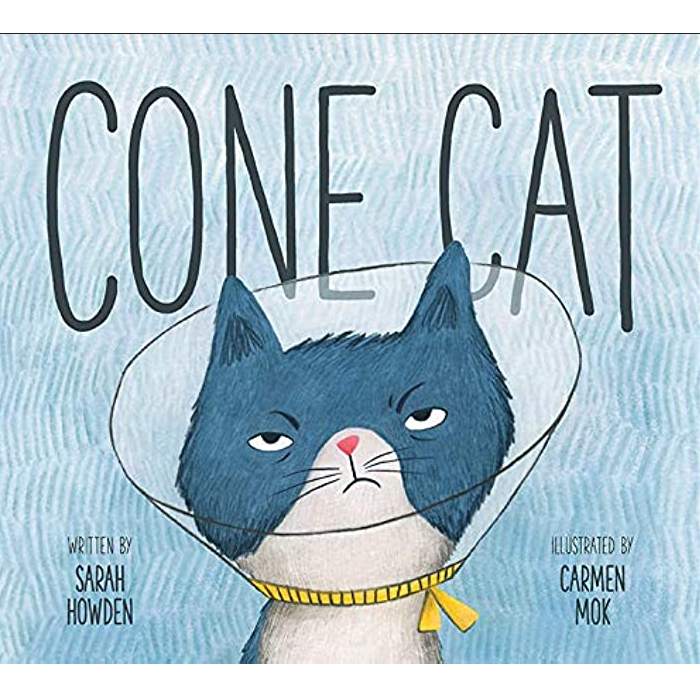 Cone Cat book cover showing a blue cat wearing a large cone collar, illustrated by Carmen Mok, written by Sarah Howden.