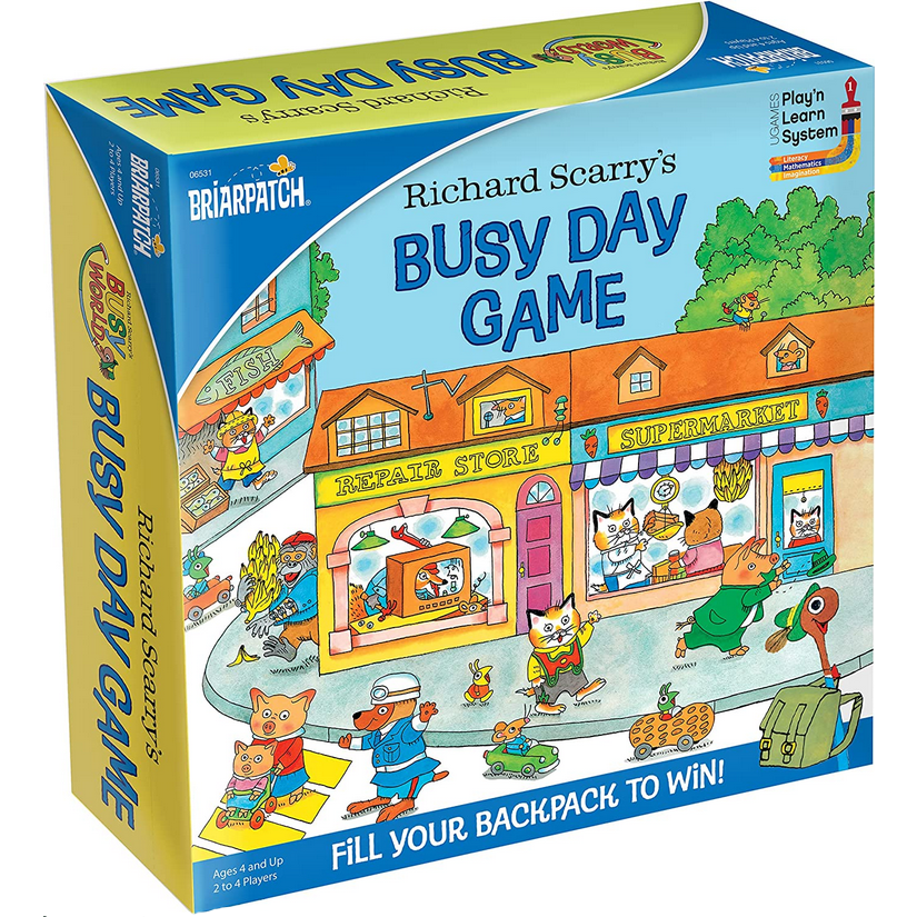 Richard Scarry's Busy Day Game box featuring colorful town shops and animal characters for kids ages 4 and up.