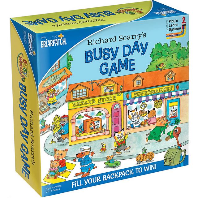Richard Scarry's Busy Day Game box featuring colorful town shops and animal characters for kids ages 4 and up.