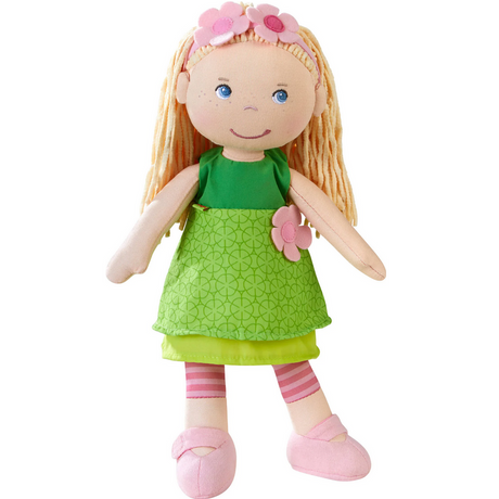 Soft Doll | Mali with blonde chenille hair, floral headband, green dress, and pink shoes, perfect for children 18 months and up.