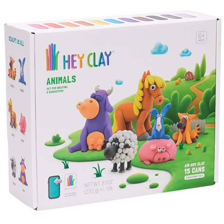 Hey Clay Animals clay set with 15 colorful cans and sculpting tools for creating six animal characters, ages 6 and up.
