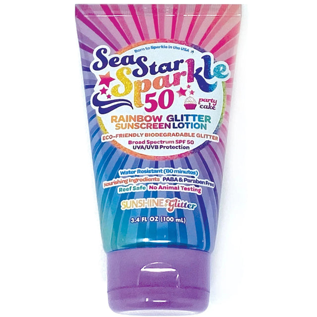 Sea Star Sparkle Rainbow Party Cake Bio Glitter Sunscreen SPF50 in colorful tube with eco-friendly glitter lotion.