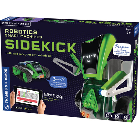 Robotics Sidekick STEM kit for kids, build and program a customizable robot with app control and coding features.