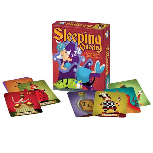 Sleeping Queens card game box and colorful game cards featuring whimsical royal characters and playful illustrations.