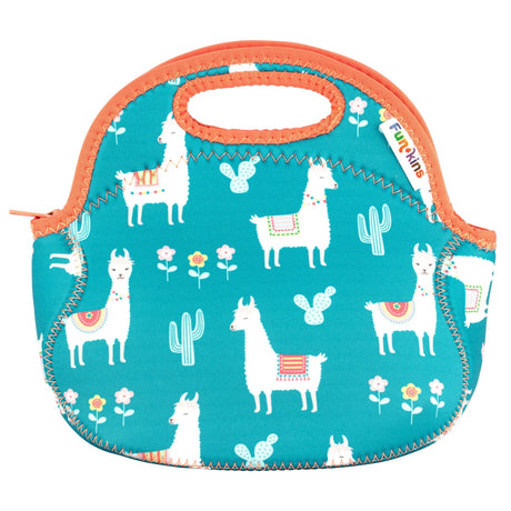 Lunch Bag Llamas insulated lunch bag with playful llama and cactus design, durable neoprene, easy-to-clean and kid-friendly.