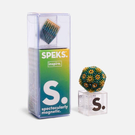 Speks. Gradient. Inspire. rare earth magnetic balls in clear case with green and gold gradient packaging.