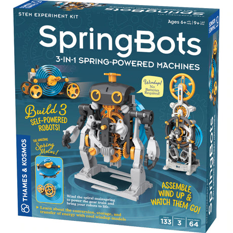 SpringBots 3-in-1 kit with motorized robot, race car, and countdown timer powered by mainspring, no batteries needed.