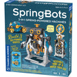 SpringBots 3-in-1 kit with motorized robot, race car, and countdown timer powered by mainspring, no batteries needed.