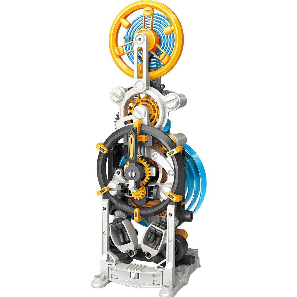 Springbots countdown timer model showcasing gears and mainspring in a colorful, intricate mechanical design.