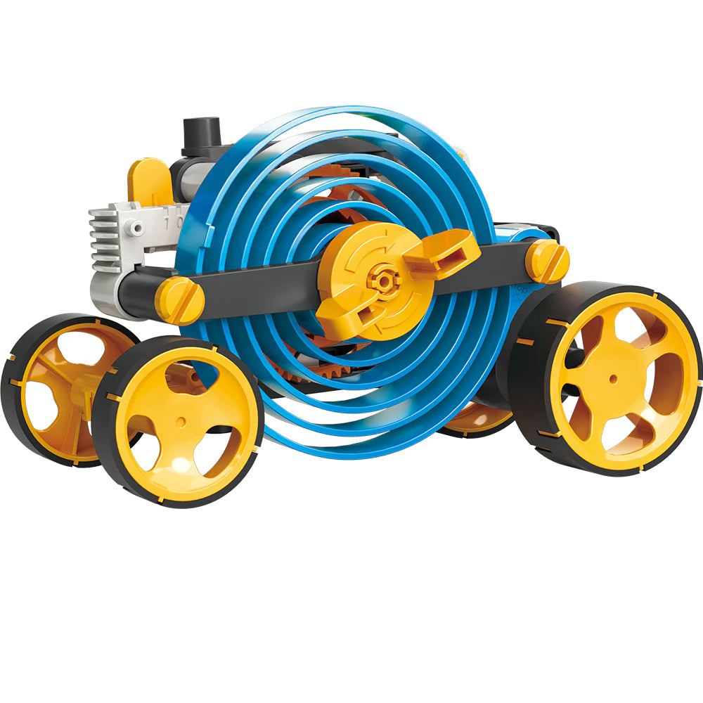 Springbots motorized race car model with visible blue mainspring and yellow wheels assembling educational kit.