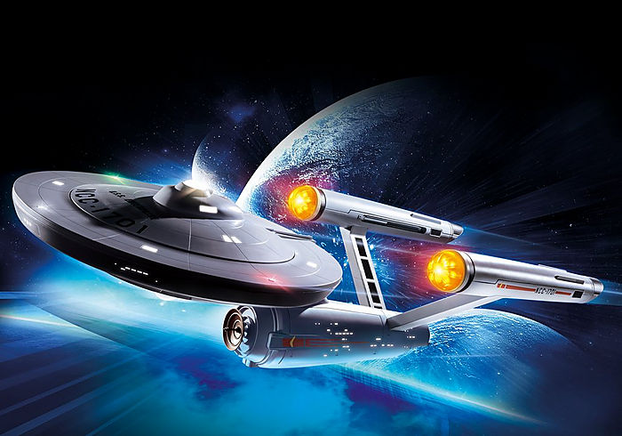 Star Trek | Enterprise NCC1701 model showcasing the iconic starship flying near a blue planet in space.