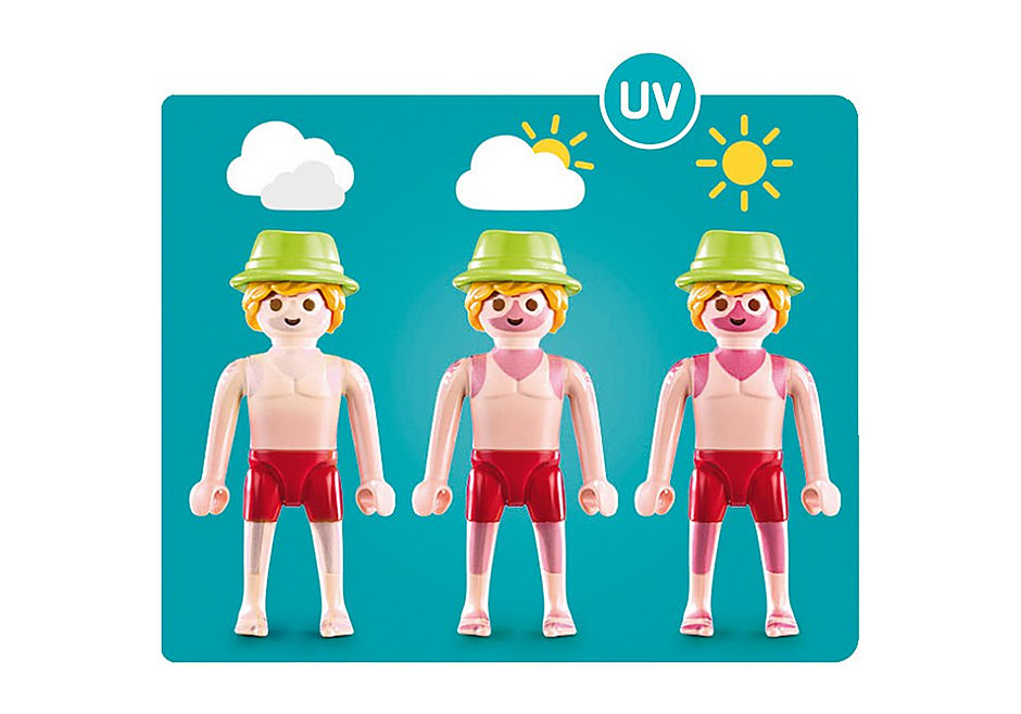 Famly Fun | Sunburnt Swimmer showing a figure’s skin changing from normal to sunburnt under UV exposure with a green hat and red shorts.