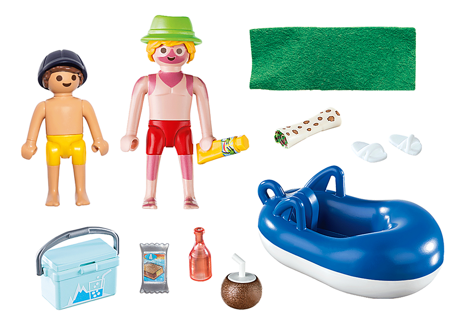Famly Fun | Sunburnt Swimmer with two figures, sunburnt adult, swim tire, cooler, towel, and beach accessories set.