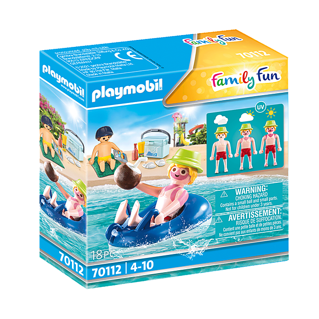 Famly Fun | Sunburnt Swimmer Playmobil set with sunburn effect, swim tire, cooler, towel, and accessories for ages 4-10.