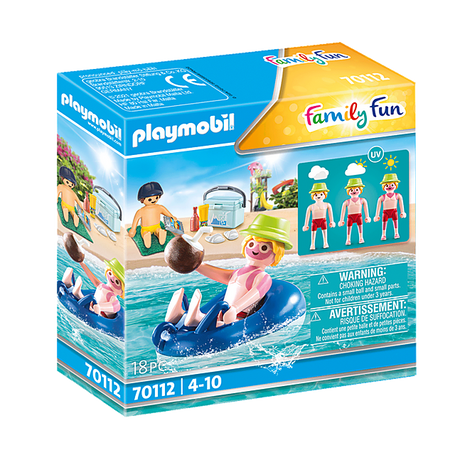 Famly Fun | Sunburnt Swimmer Playmobil set with sunburn effect, swim tire, cooler, towel, and accessories for ages 4-10.