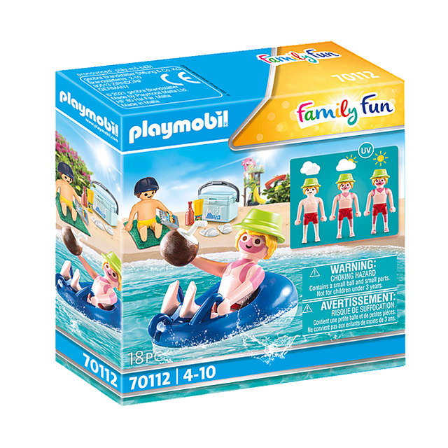 Famly Fun | Sunburnt Swimmer Playmobil set with sunburn effect, swim tire, cooler, towel, and accessories for ages 4-10.