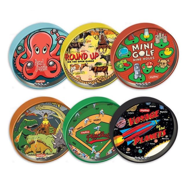 Tin Bead Game assortment with colorful tin bead maze designs, challenging skill and patience for kids ages 3 and up.