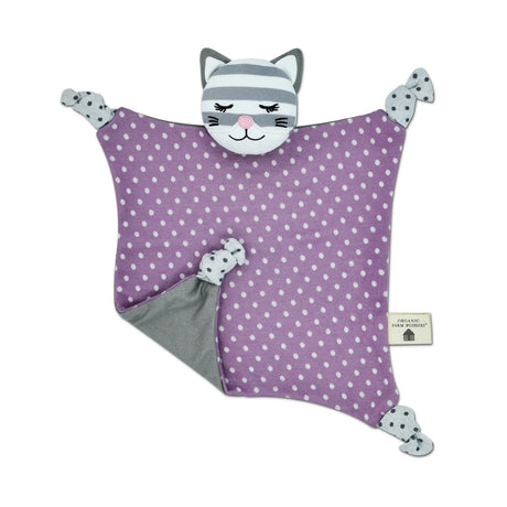 Organic Cat Maude Blankie features soft purple cotton knit with polka dots and a striped cat face for newborns.