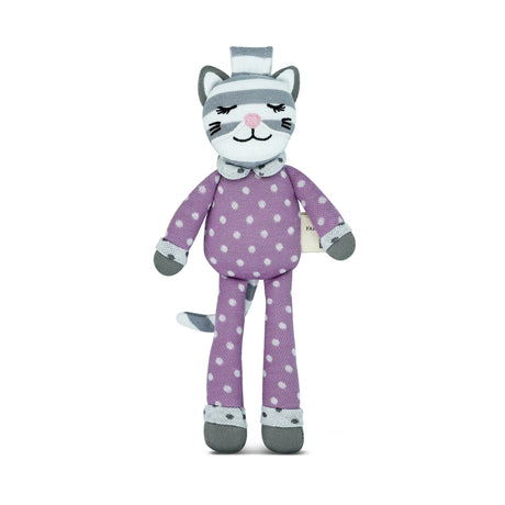 Organic Cat Maude Pacifier Buddy with soft purple fabric, embroidered cat face, and polka dot pattern for baby gifts.